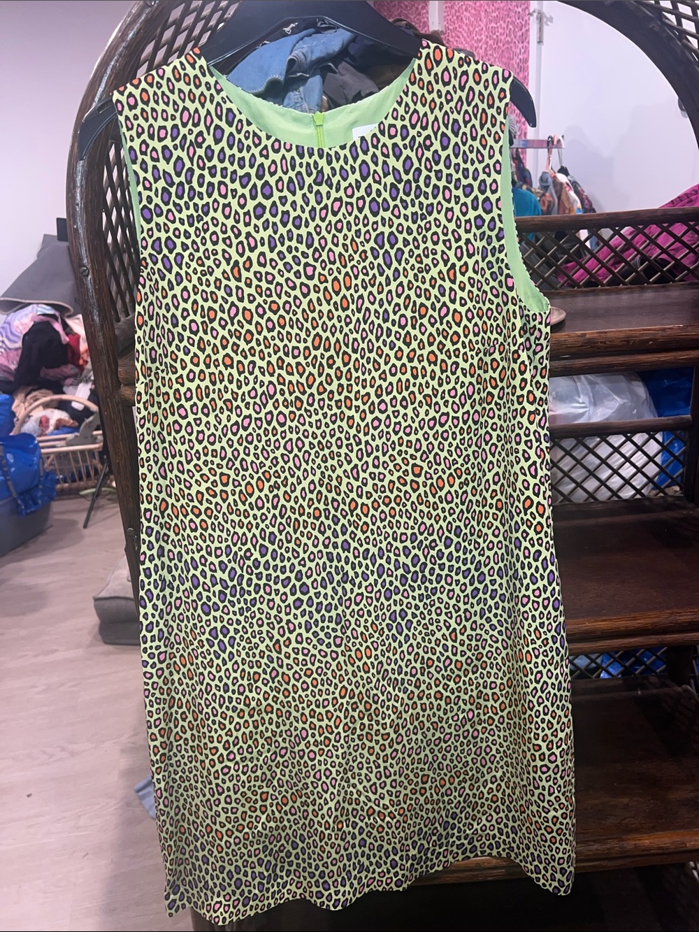 Y2K silk Missoni Lime Green Leopard Print Shift Dress with Purple Accents